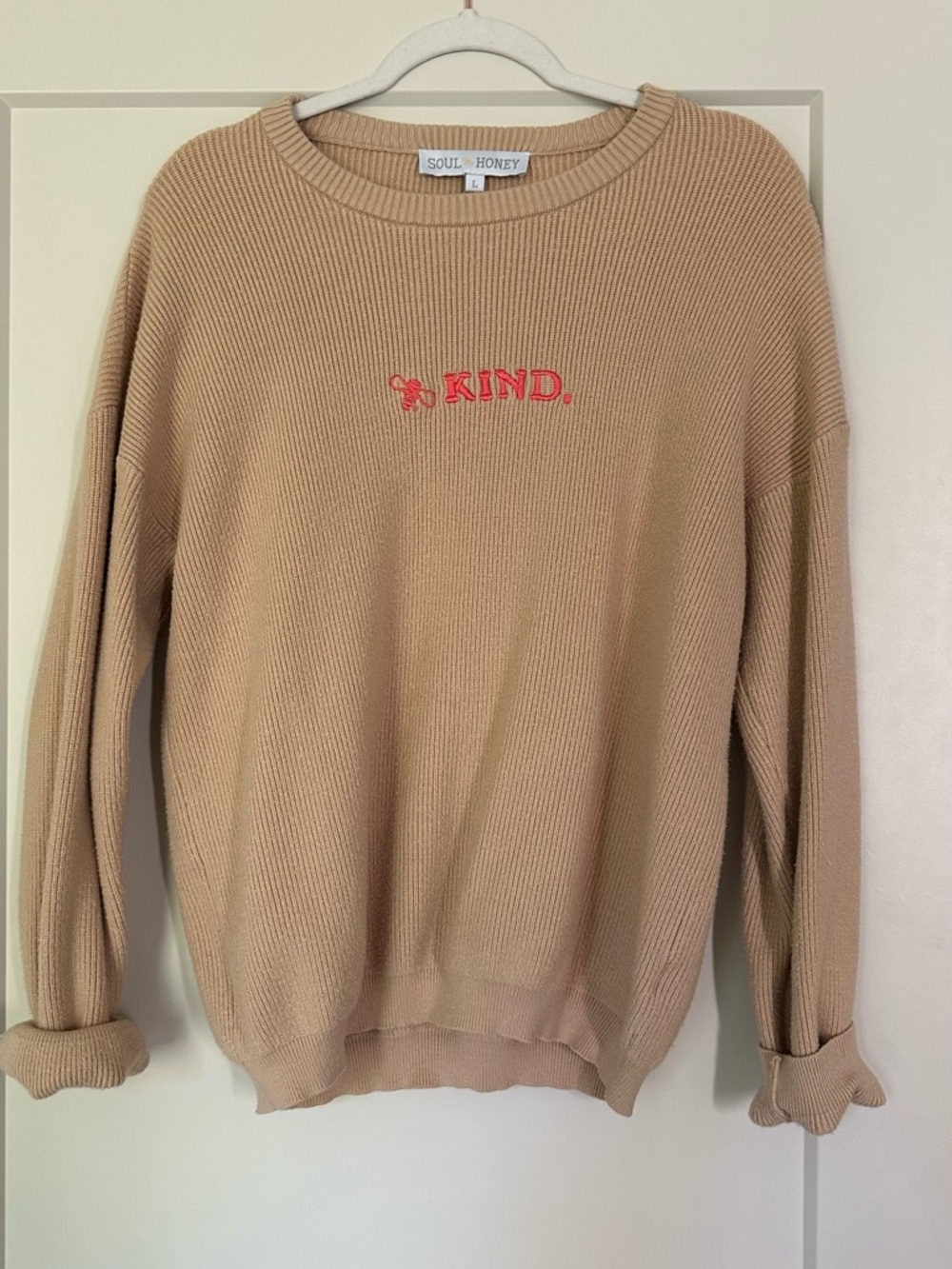 Soul Honey 'Be Kind' Embroidered Beige Sweater